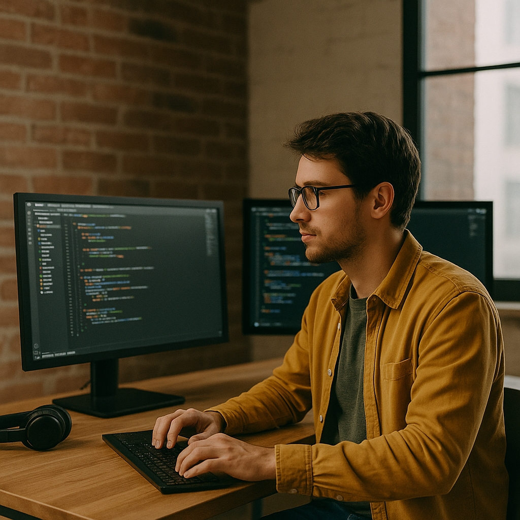 Desarrollador trabajando frente a dos monitores con código
